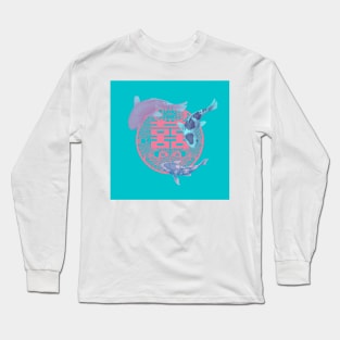 Double Happiness Koi Fish Turquoise with Red Symbol - Hong Kong Retro Long Sleeve T-Shirt